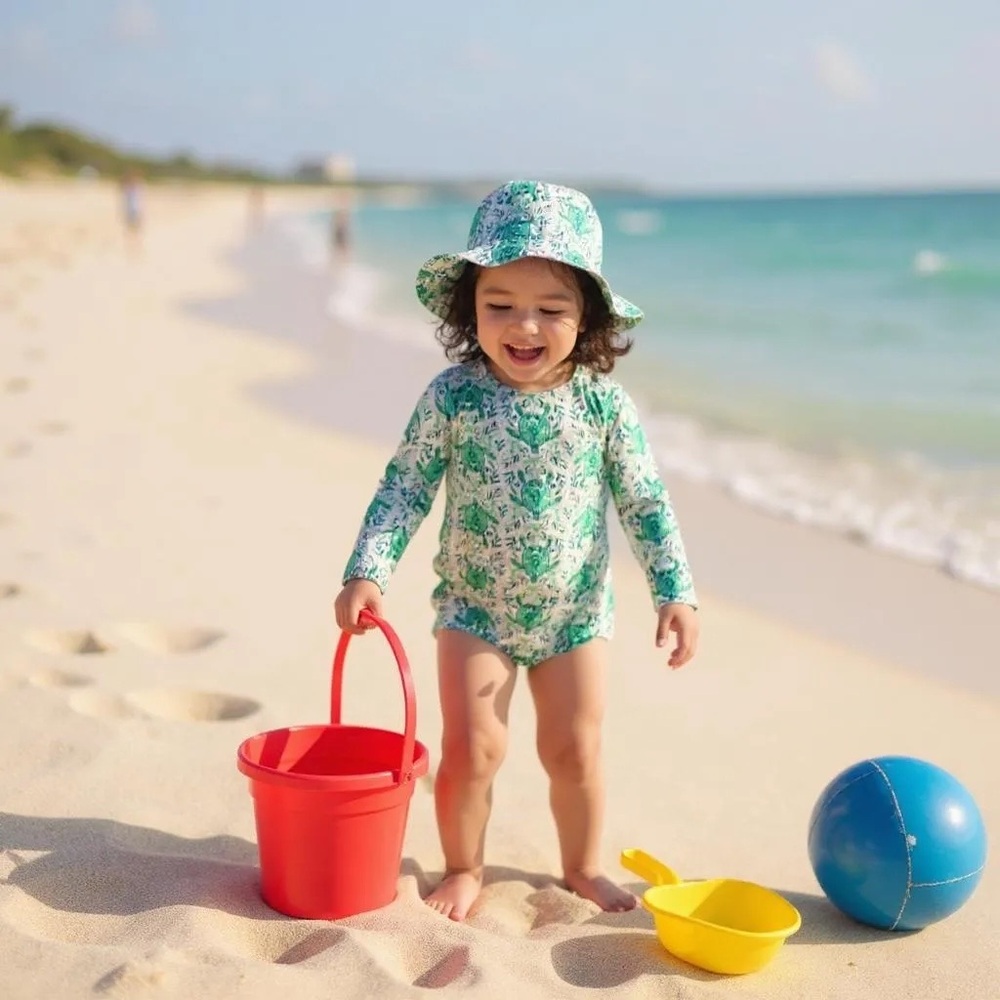 Green and White Long-Sleeve Rashguard Swimwear. Ocean Animals. 24M.
